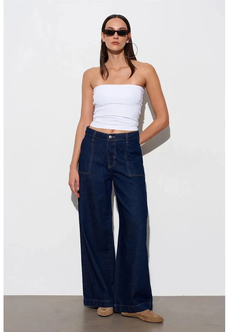 Blugi dama  talie inalta, croiala larga, denim albastru inchis, 100% bumbac