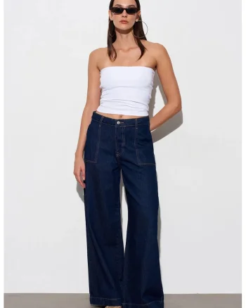 Blugi dama  talie inalta, croiala larga, denim albastru inchis, 100% bumbac