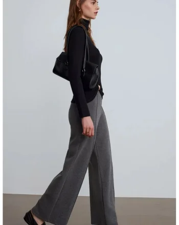 Pantaloni dama,  talie medie, picior larg, gri antracit, tesuti