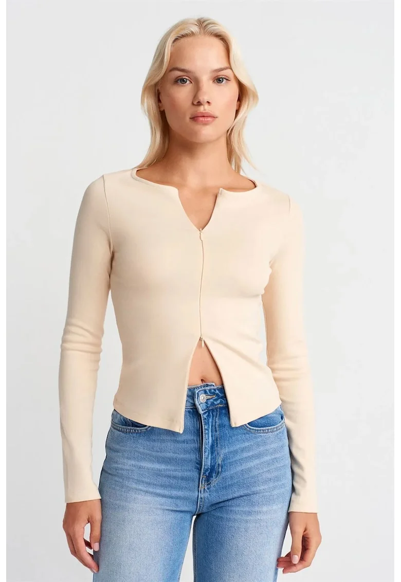 Bluze dama,  Bluza Slim Fit, casual, bej natural, bumbac elastan