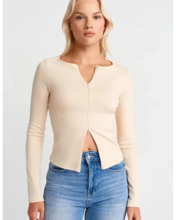 Bluze dama,  Bluza Slim Fit, casual, bej natural, bumbac elastan