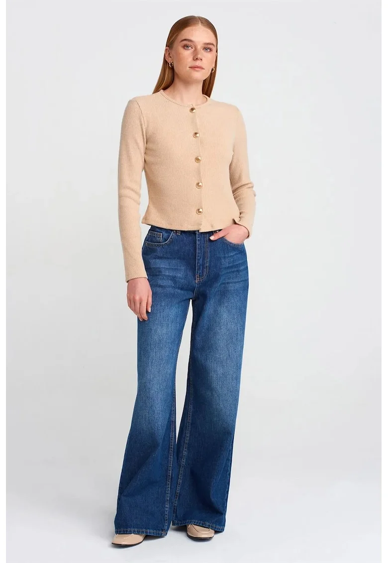 Blugi dama,  talie inalta, croiala larga, denim albastru mediu 100% bumbac
