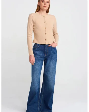 Blugi dama,  talie inalta, croiala larga, denim albastru mediu 100% bumbac