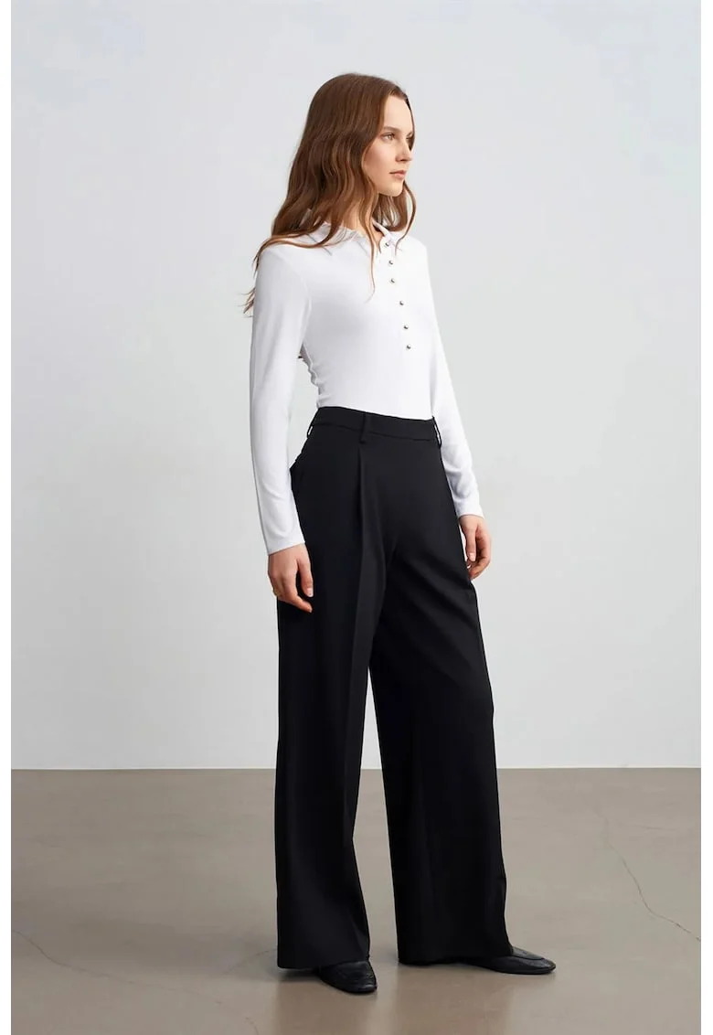 Pantaloni dama,  talie inalta, croiala larga, negru