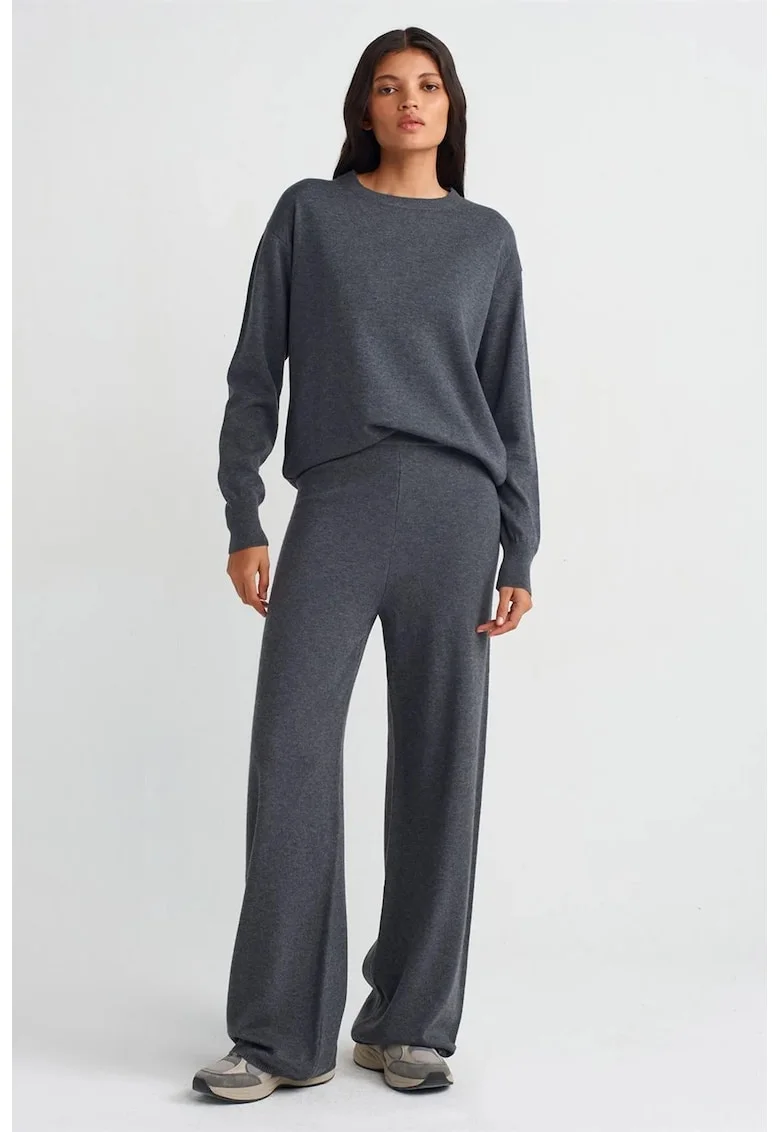 Pantaloni dama,  tricotati, elastic, gri antracit, casual,