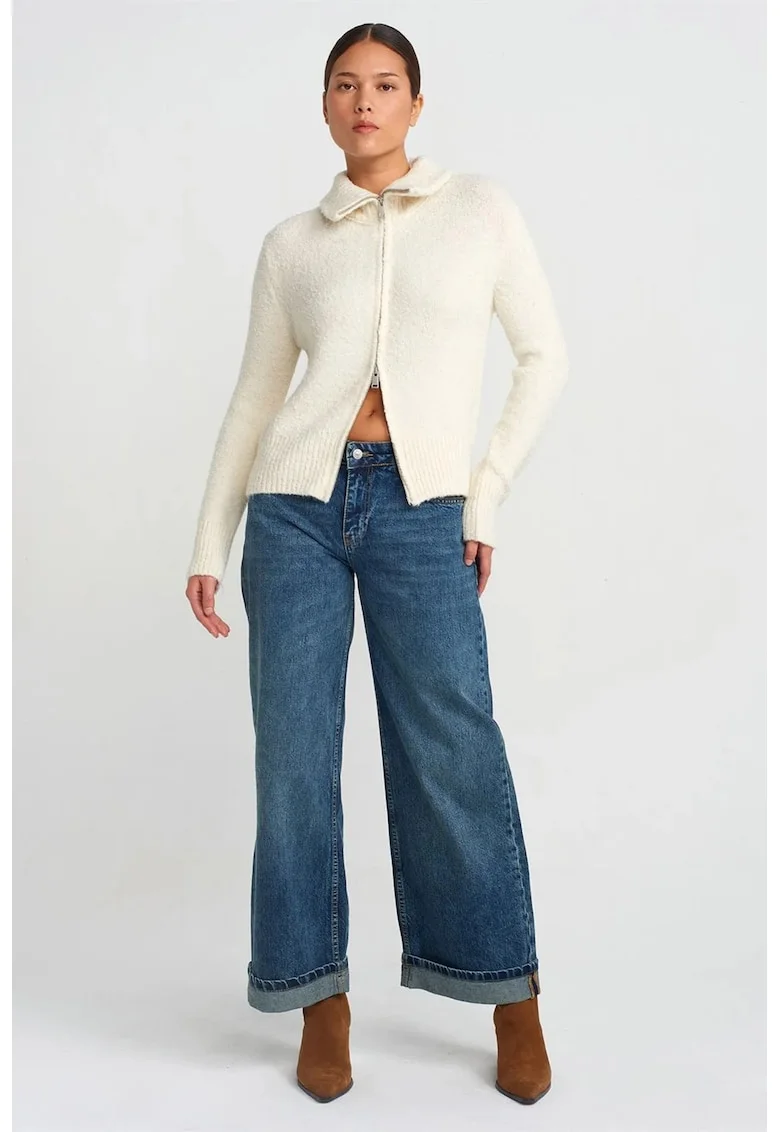 Blugi dama,  talie inalta, picior larg, albastru mediu, denim
