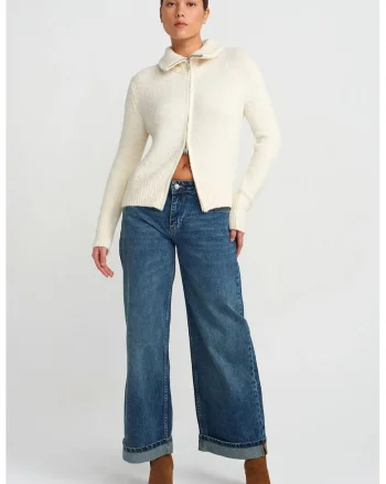 Blugi dama,  talie inalta, picior larg, albastru mediu, denim