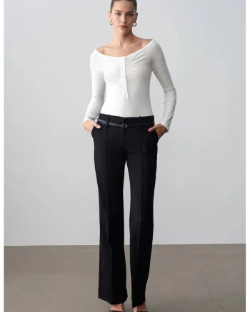 Pantaloni dama,  cu curea, negru, Negru