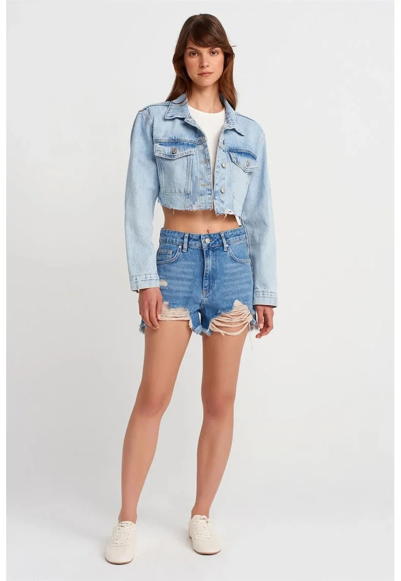 Pantaloni scurti  denim albastru talie inalta, bumbac, Albastru inchis