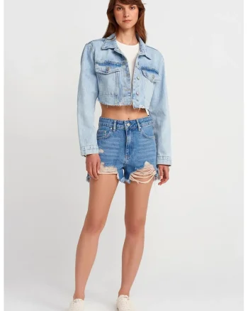 Pantaloni scurti  denim albastru talie inalta, bumbac, Albastru inchis