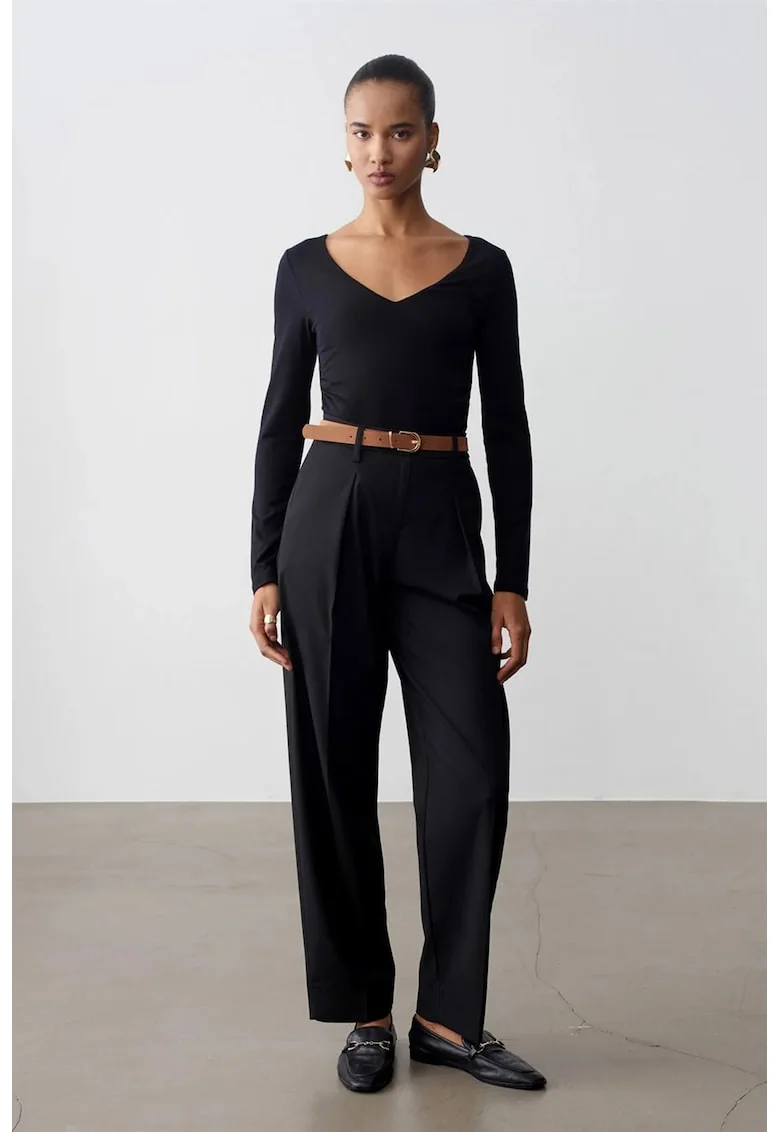 Pantaloni dama,  casual, negru, cu curea, Negru