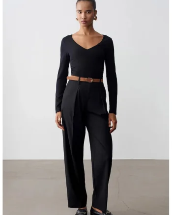 Pantaloni dama,  casual, negru, cu curea, Negru