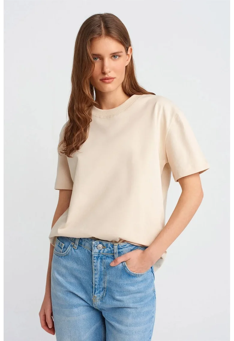 Tricou dama  bumbac, regular fit, crem natural, maneci scurte