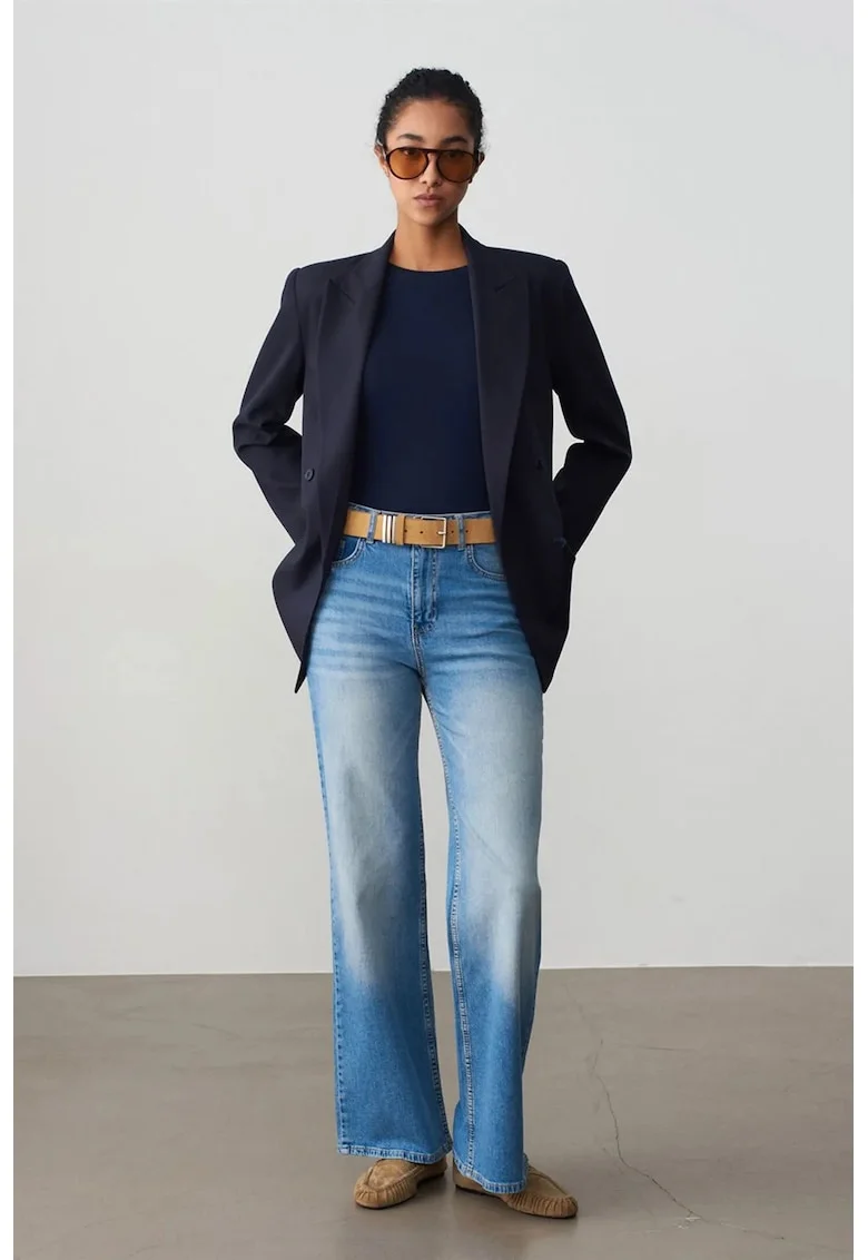 Blugi dama,  talie inalta, croiala larga, denim albastru deschis-mediu, bumbac cu elastan