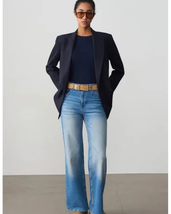Blugi dama,  talie inalta, croiala larga, denim albastru deschis-mediu, bumbac cu elastan