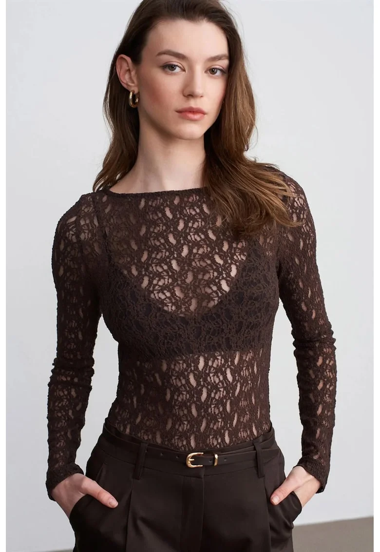 Bluze dama,  Bluza Slim Fit cu Dantela, Maro Cafea, Elegant, Maneca lunga