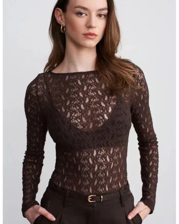 Bluze dama,  Bluza Slim Fit cu Dantela, Maro Cafea, Elegant, Maneca lunga