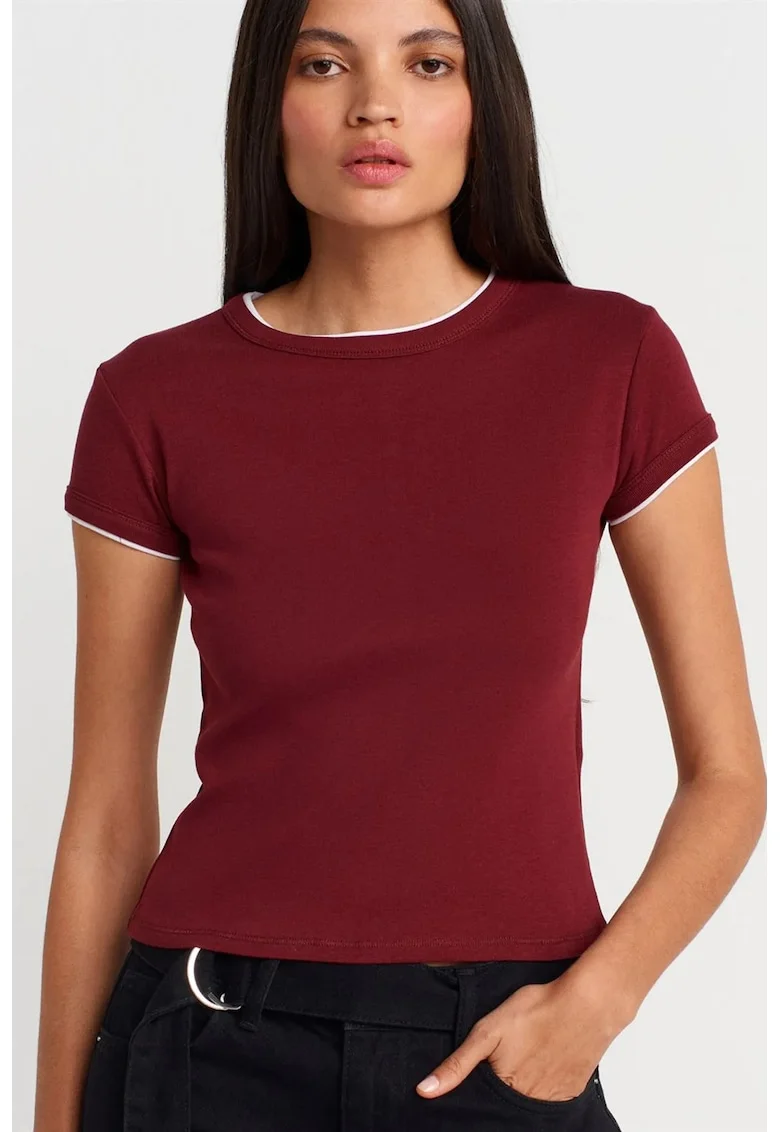 Tricou crop,  bumbac, slim fit, rosu burgundy, maneci scurte