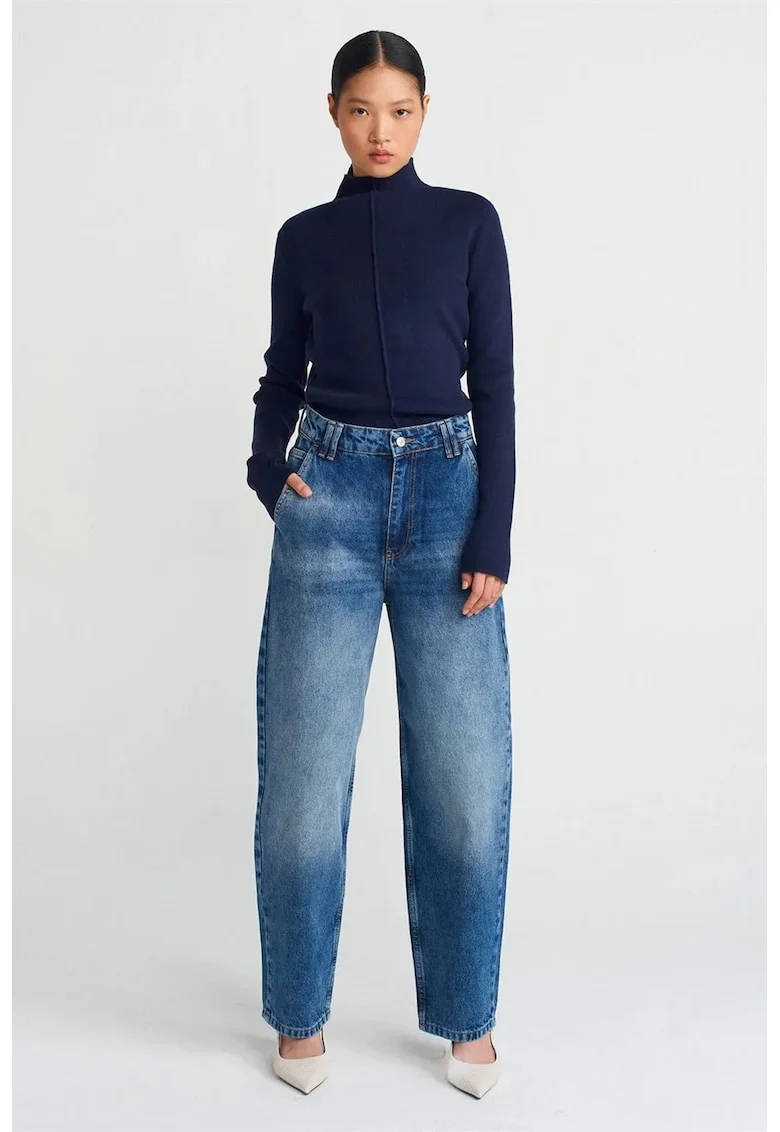 Blugi dama,  High-Waist Balloon Wide-Leg, bumbac 100%, albastru mediu