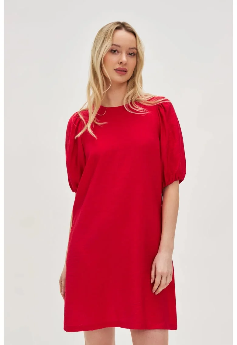 Rochie rosie din viscoza cu maneci bufante, Rosu