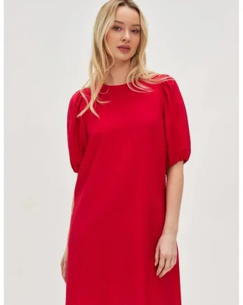 Rochie rosie din viscoza cu maneci bufante, Rosu