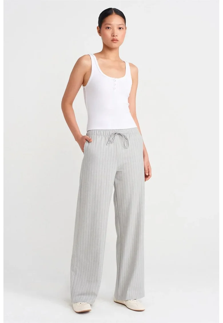 Pantaloni dama,  croiala larga, detalii cu snur, gri deschis, poliester-viscoza-elastan
