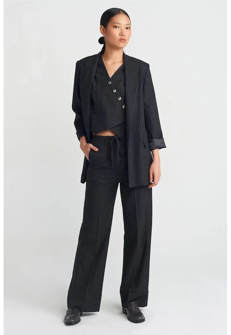 Pantaloni dama,  cu dungi, croiala larga, negru, poliester-viscoza-elastan