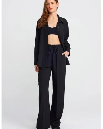 Pantaloni dama,  model wide-leg, negru, jerseu