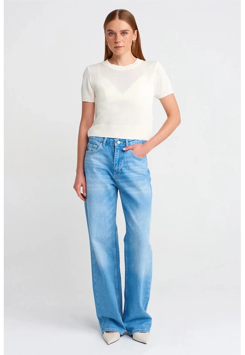Blugi dama,  talie inalta, croiala larga denim albastru deschis-mediu 100% bumbac