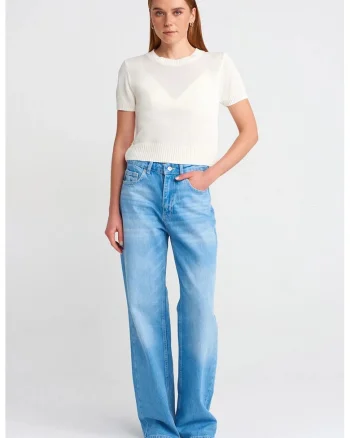 Blugi dama,  talie inalta, croiala larga denim albastru deschis-mediu 100% bumbac