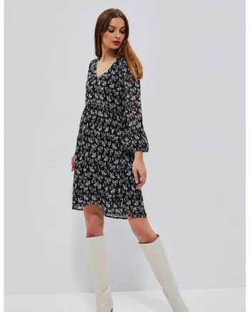 Rochie evazata cu model floral, Negru