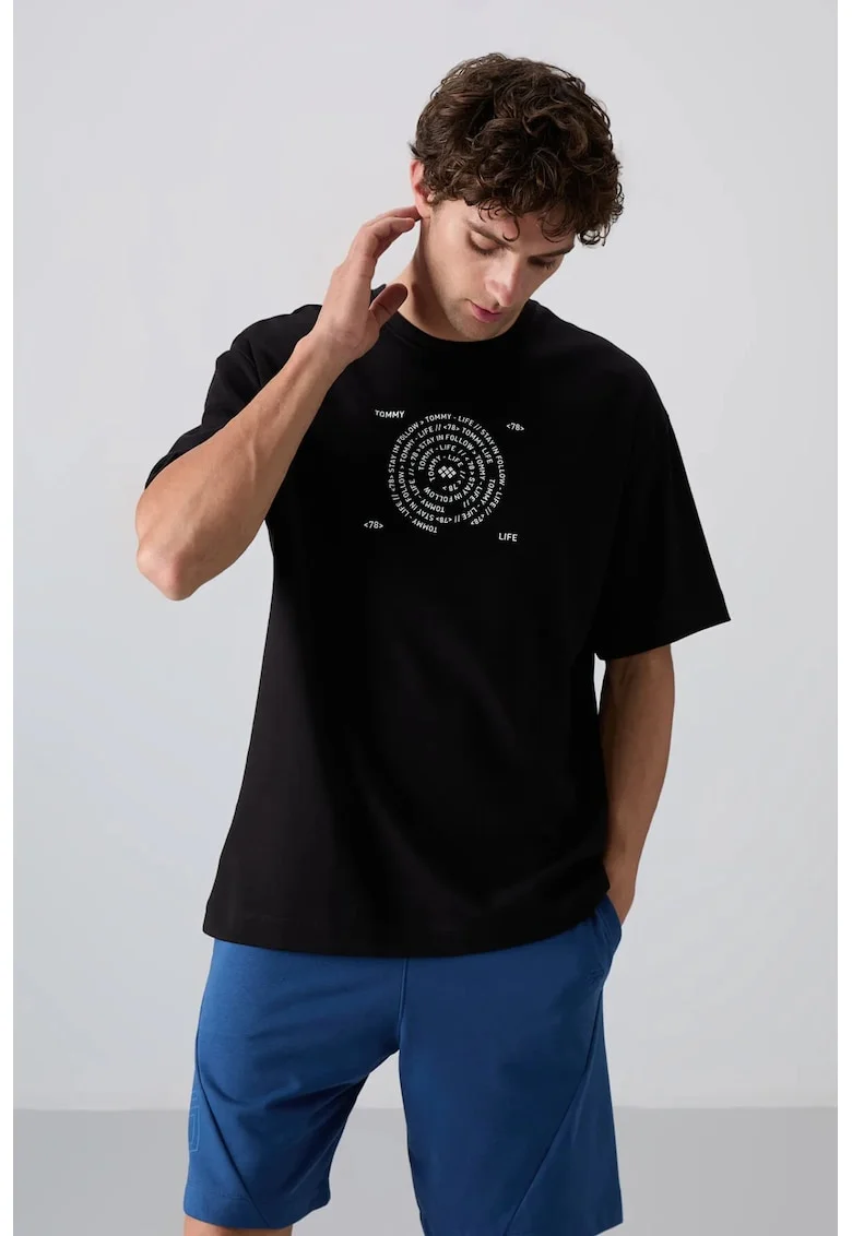 Tricou  oversized, broderie, negru, amestec de bumbac