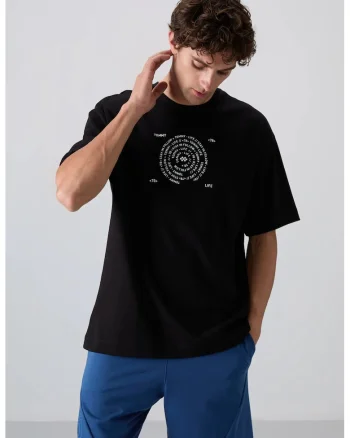 Tricou  oversized, broderie, negru, amestec de bumbac