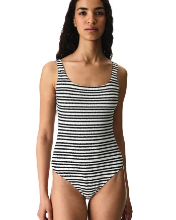 Costum de baie intreg cu dungi, Alb/Negru