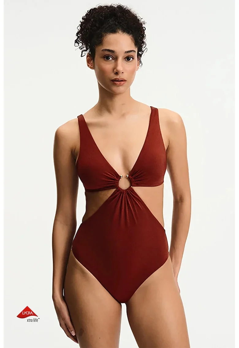 Costum de baie intreg cu detaliu metalic, Maro cognac