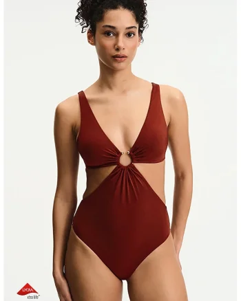 Costum de baie intreg cu detaliu metalic, Maro cognac
