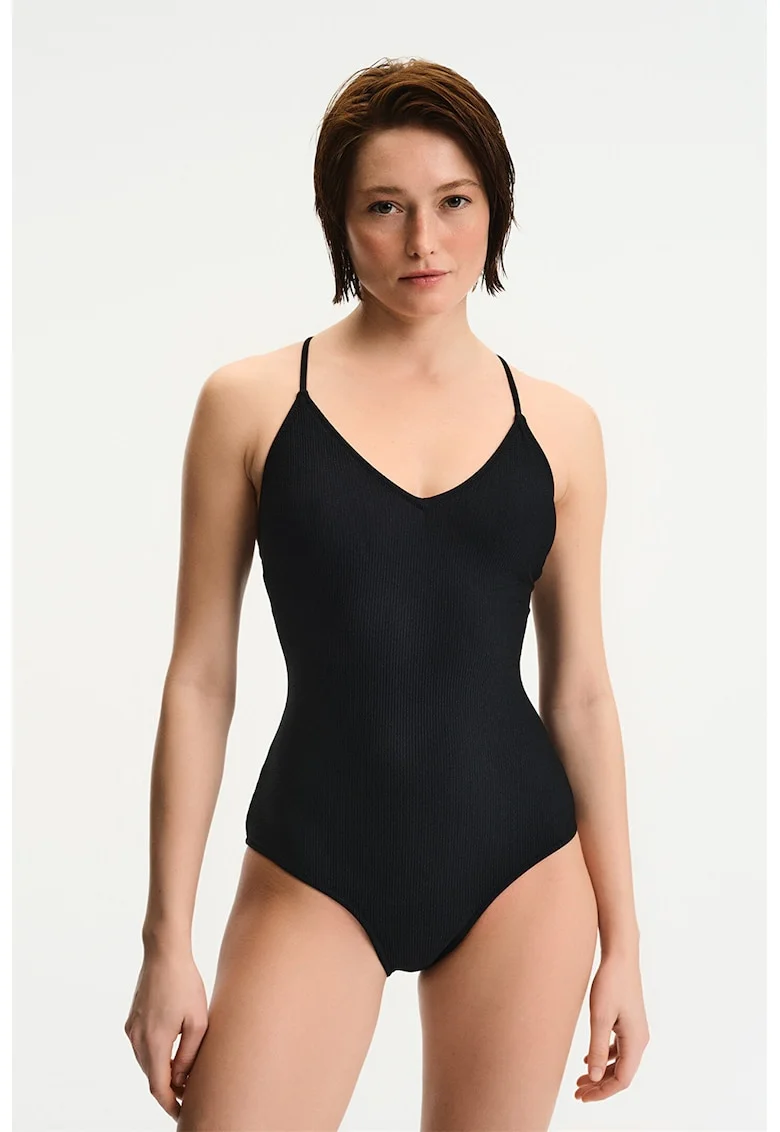 Costum de baie intreg cu bureti detasabili si model uni, Negru