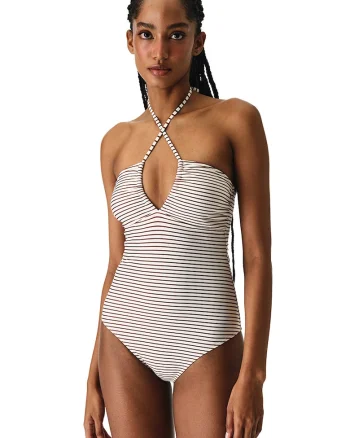 Costum de baie intreg cu dungi, Alb/Maro