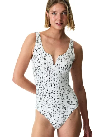 Costum de baie intreg cu decupaj in V, Alb/Negru