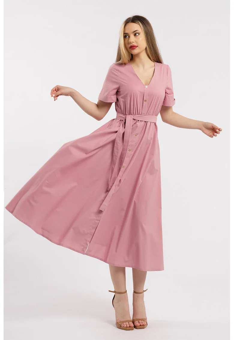 Rochie midi cu croiala evazata, decolteu in V si cordon in talie, Roz pastel