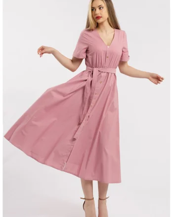 Rochie midi cu croiala evazata, decolteu in V si cordon in talie, Roz pastel