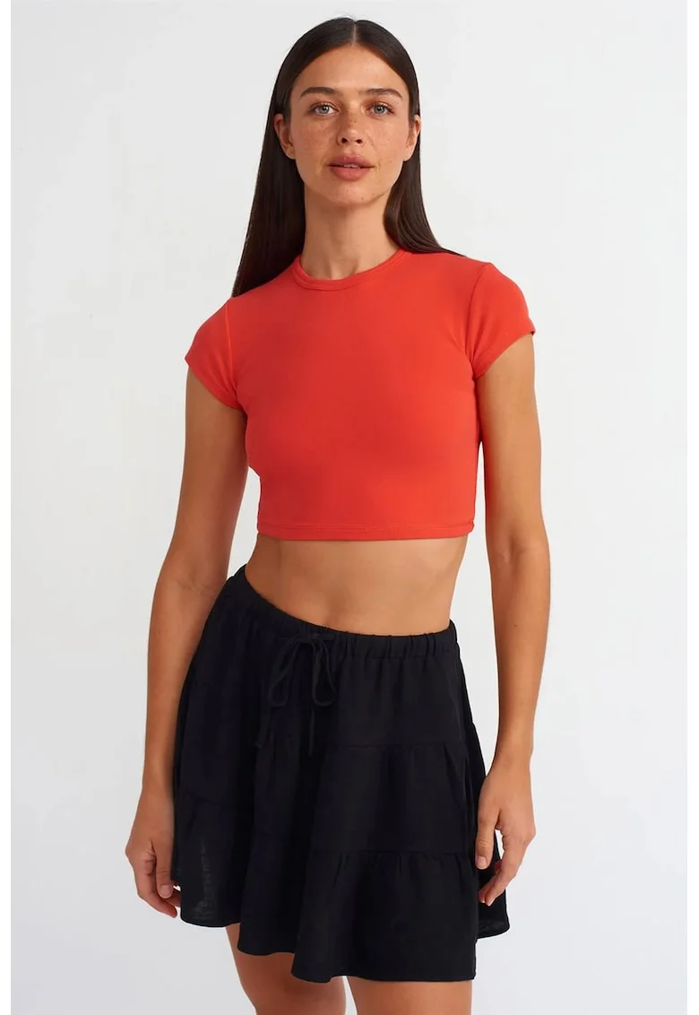 Tricou dama,  Crop Slim-Fit, rosu, bumbac-elastan
