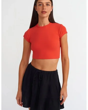 Tricou dama,  Crop Slim-Fit, rosu, bumbac-elastan