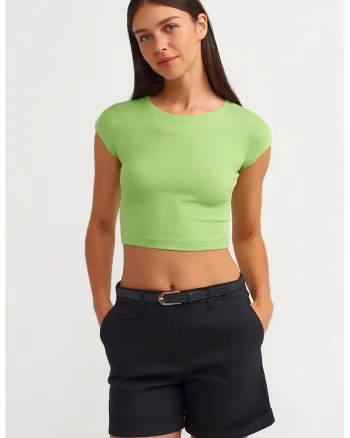Tricou  Femei Crop, Slim Fit, Elastic, Verde Lime, Bumbac-Modal-Elastan
