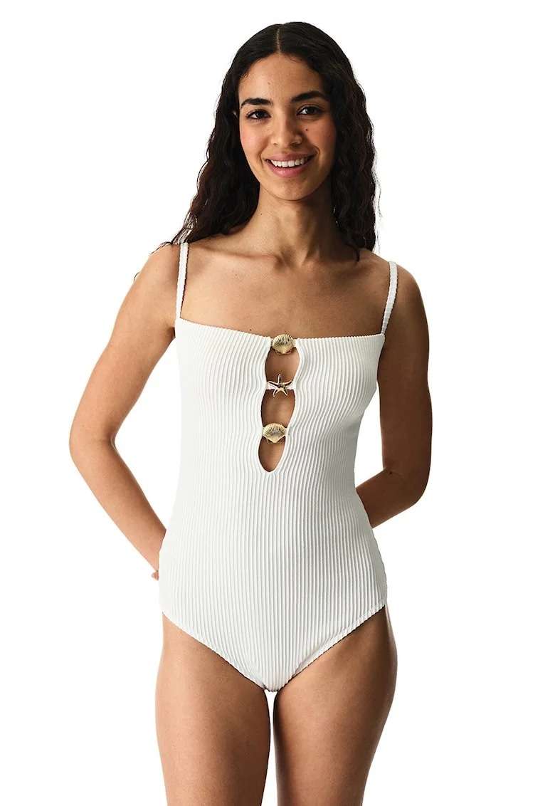 Costum de baie intreg cu model uni, Auriu/Alb optic