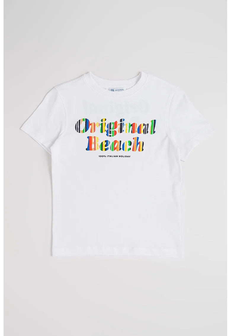Tricou cu decolteu la baza gatului si imprimeu text, Rosu/Alb/Albastru