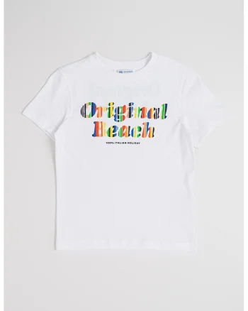 Tricou cu decolteu la baza gatului si imprimeu text, Rosu/Alb/Albastru