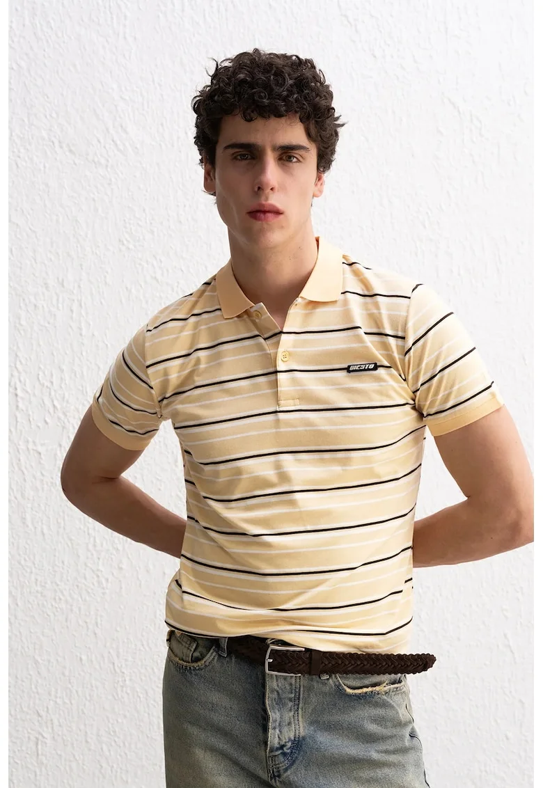 Tricou barbati,  cu guler polo, dungi, galben, poliester-viscoza-elastan, Galben