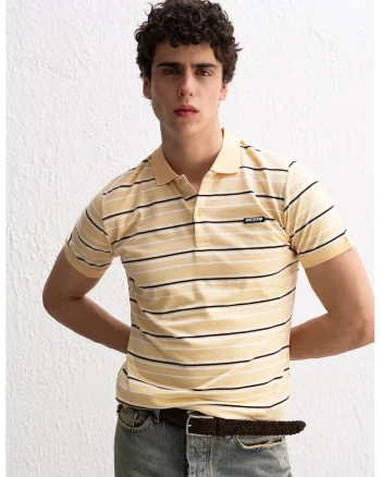 Tricou barbati,  cu guler polo, dungi, galben, poliester-viscoza-elastan, Galben