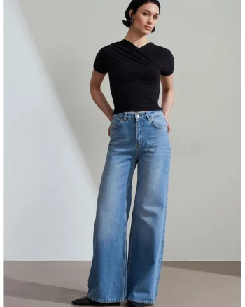 Blugi dama,  talie inalta croiala larga denim albastru deschis-mediu, 100% bumbac